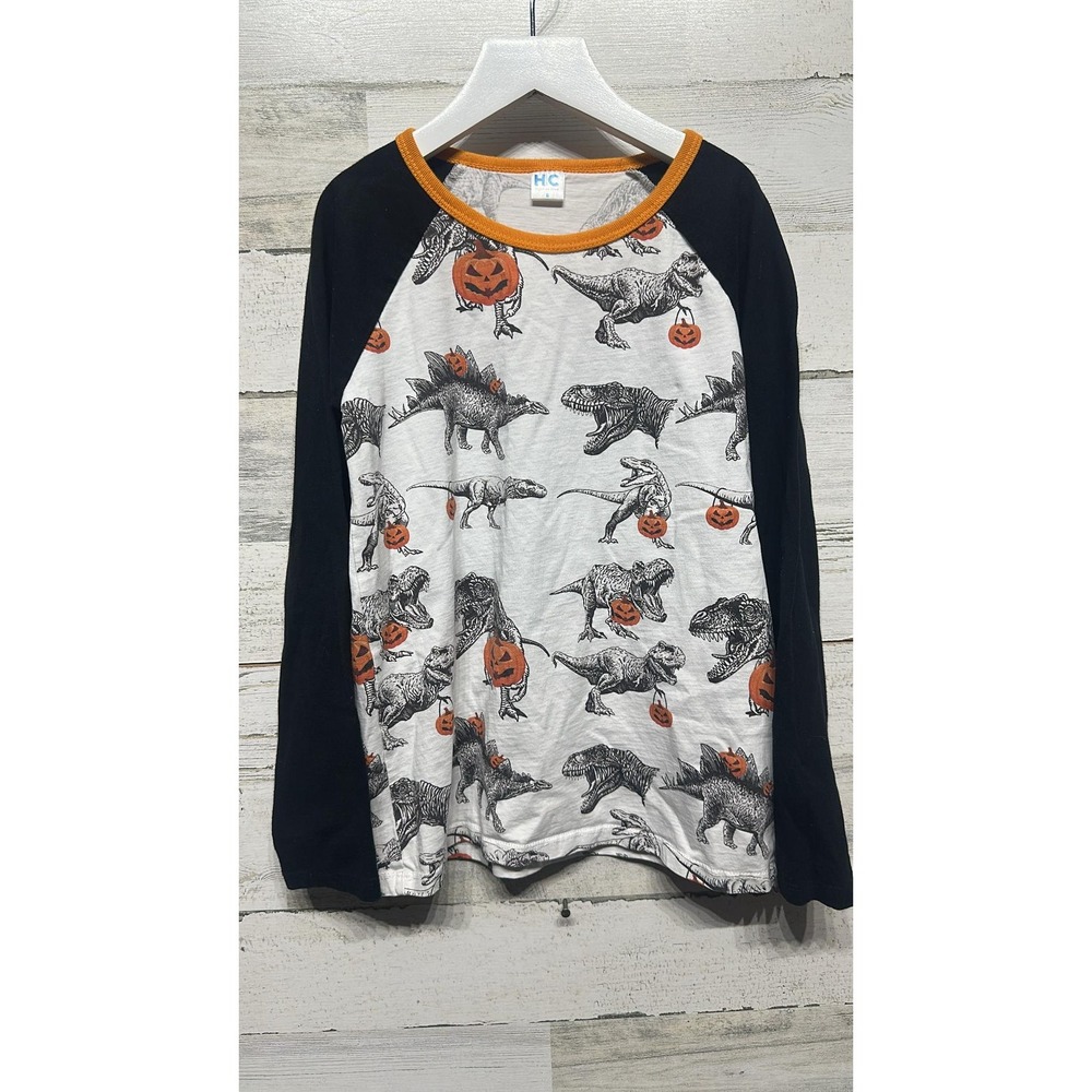 High Five Crew Halloween Dinosaur Shirt Boys 8 White Black Raglan EUC